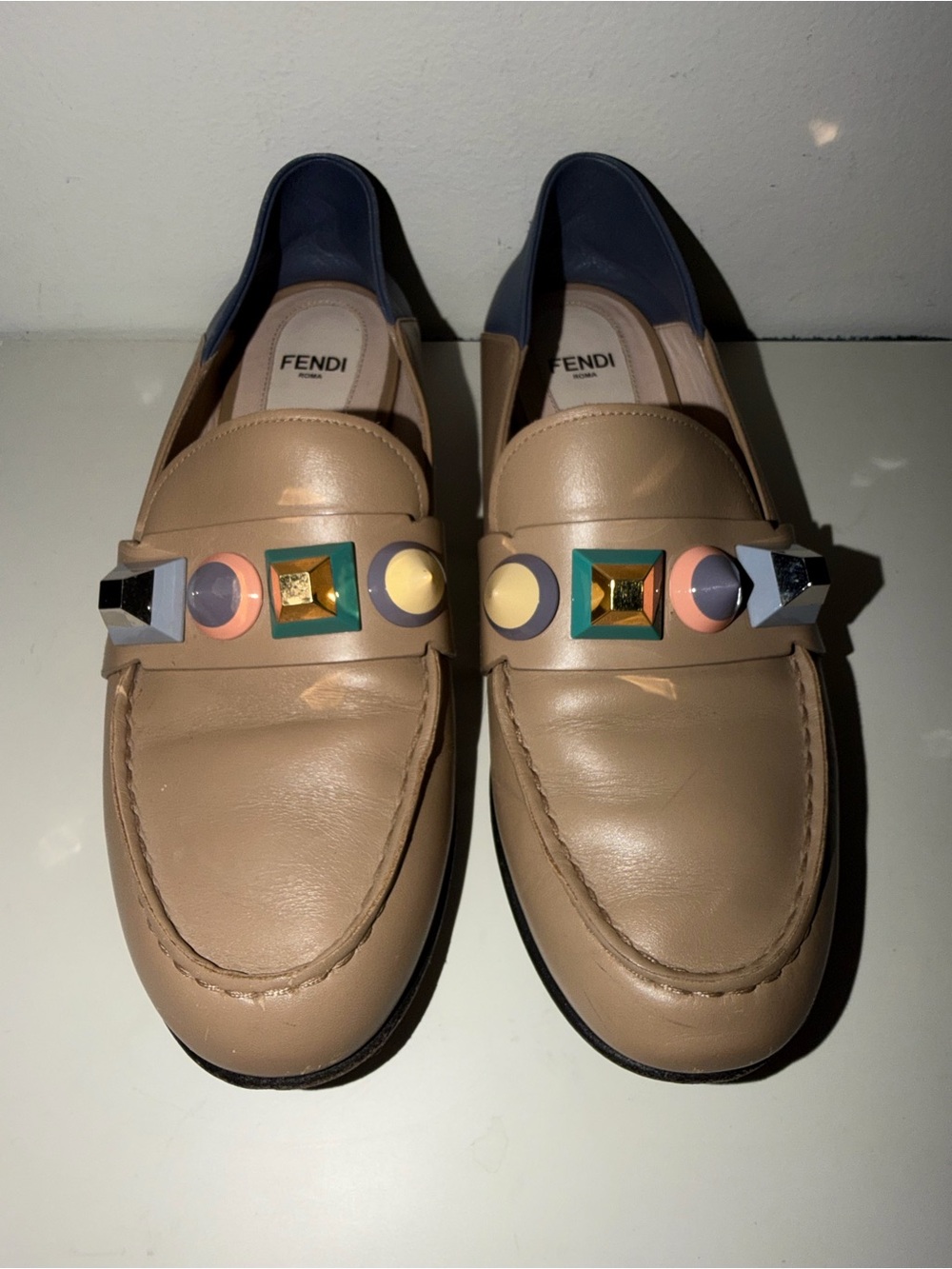 Fendi Woman’s Beige Leather Embellished Loafers 37.5